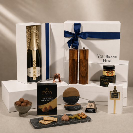 A luxury gift hamper set featuring a bottle of Chandon sparkling wine, wooden salt and pepper mills, chocolates, nuts, and gourmet treats, arranged on and around white gift boxes with blue ribbons and packaging on a neutral beige background.