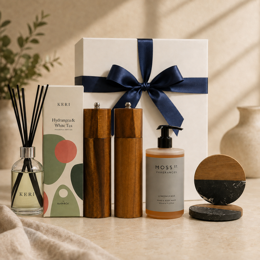 The Botanical Home Set — Hydrangea & White Tea diffuser, acacia grinders, Moss St. Lemongrass wash and coaster