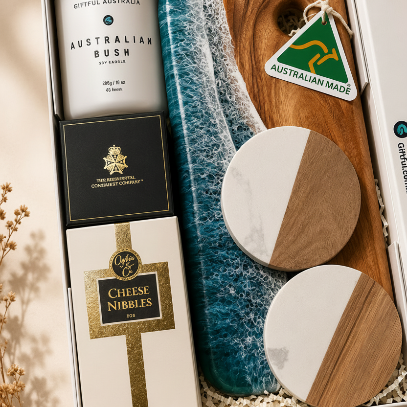 An open gift box arranged with Australian-made products: a white candle labeled 'Australian Bush' candle, a black and gold box, a white and gold 'Cheese Nibbles' box, a blue-and-teal textured cloth, a wooden board, two round coasters with white and wood halves, and a red-and-white box. The scene is styled on a beige surface with dried flowers at the side.