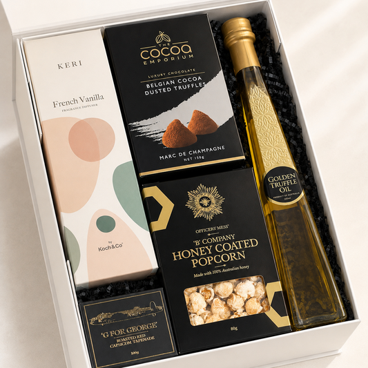 The Truffle Indulgence Set — French Vanilla diffuser, Belgian truffles, honey popcorn, truffle oil and tapenade